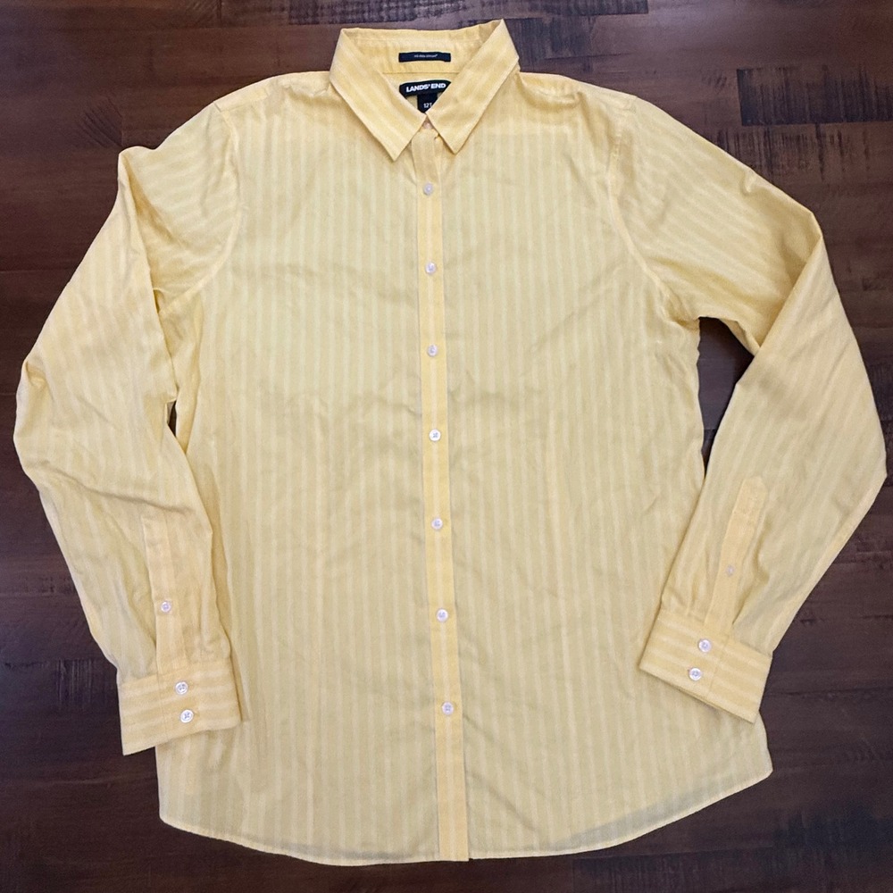 Lands' End 12T Yellow Striped Long Sleeve‎ Button-Up Shirt women's Top
